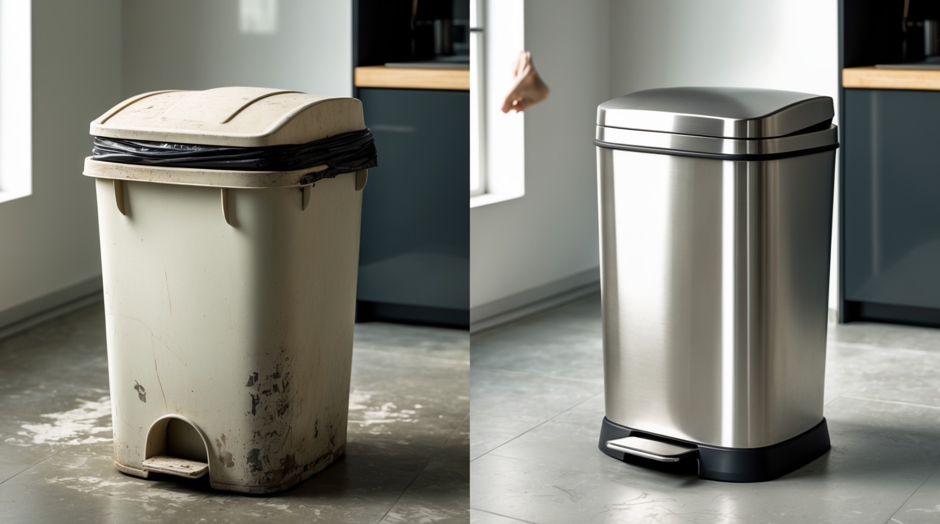 Cheap plastic vs. sleek stainless steel trash can