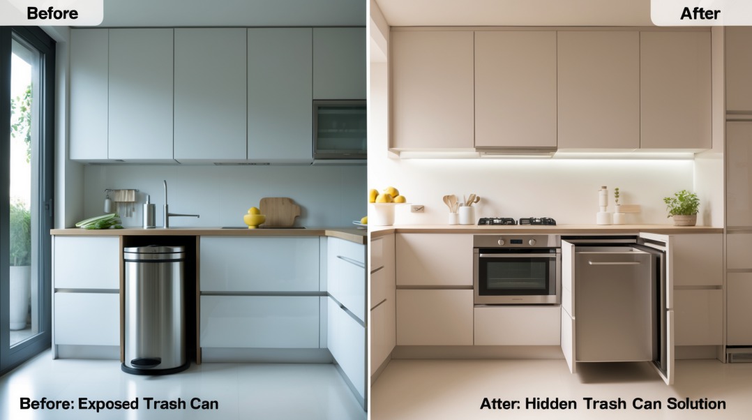 Exposed trash can and a kitchen with a hidden trash can solution Exposed trash can and a kitchen with a hidden trash can solution