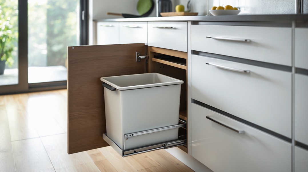 pull-out trash can in a kitchen cabinet Pull-out trash can in a kitchen cabinet