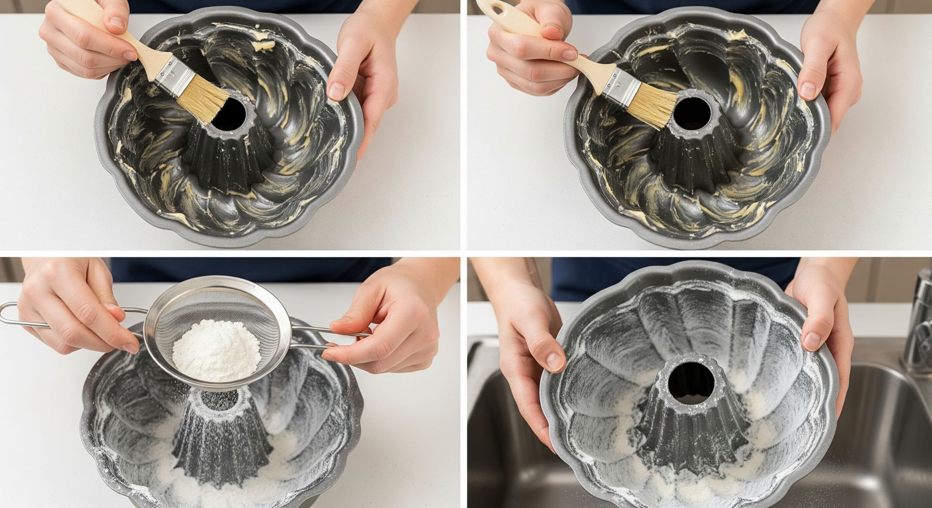 hands greasing a bundt pan with a pastry brush hands greasing a bundt pan with a pastry brush
