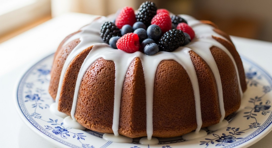 A finished bundt cake on a decorative plate
