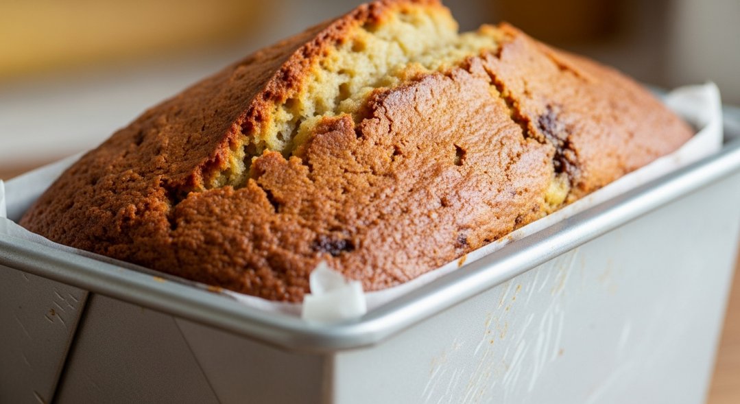 A freshly baked banana bread loaf in a pan