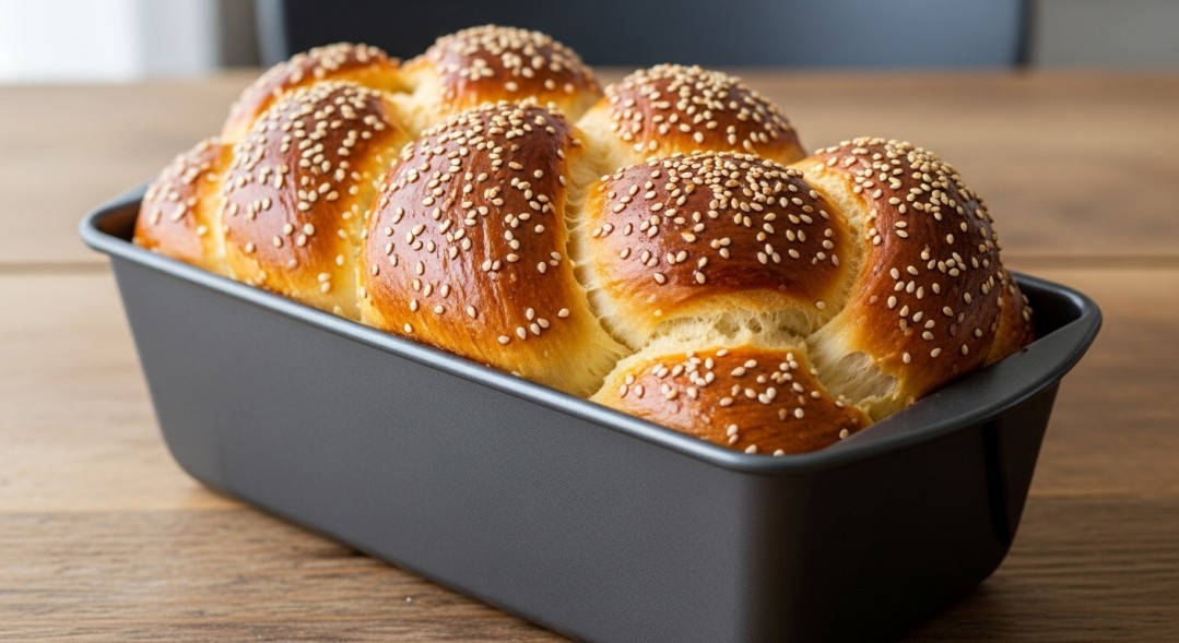 A golden challah loaf in a loaf pan