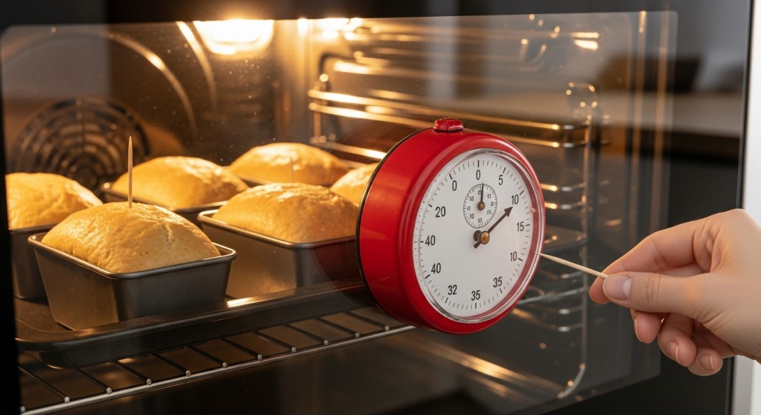 A kitchen timer next to mini loaf pans in the oven