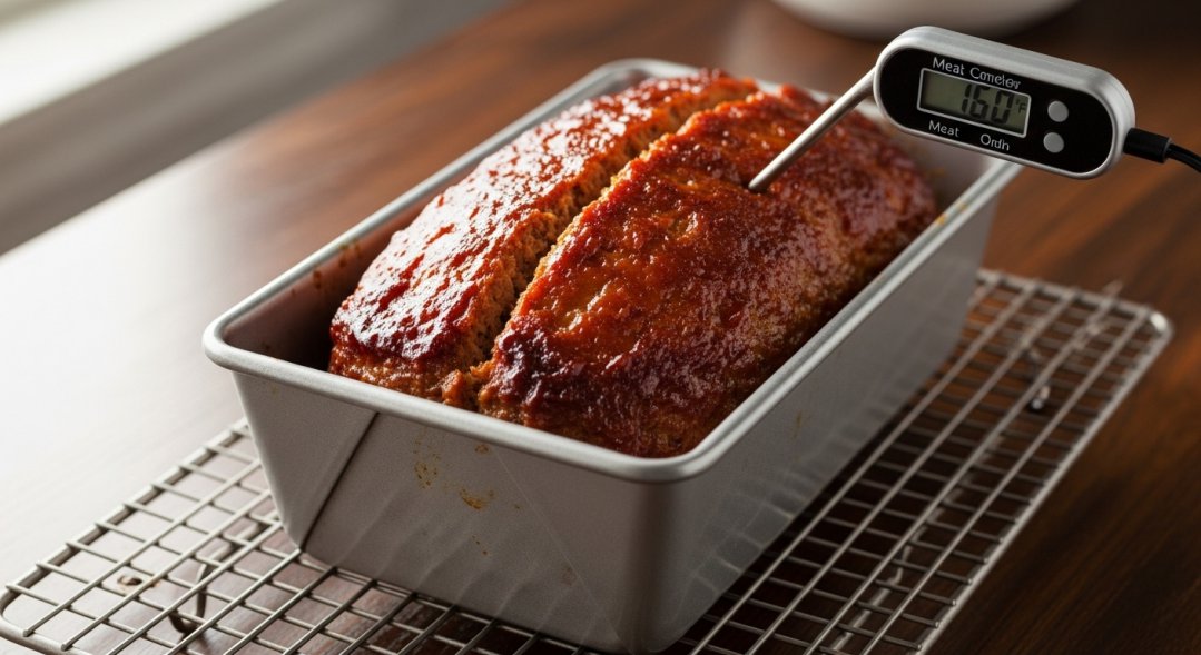 A meatloaf resting in a loaf pan on a cooling rack