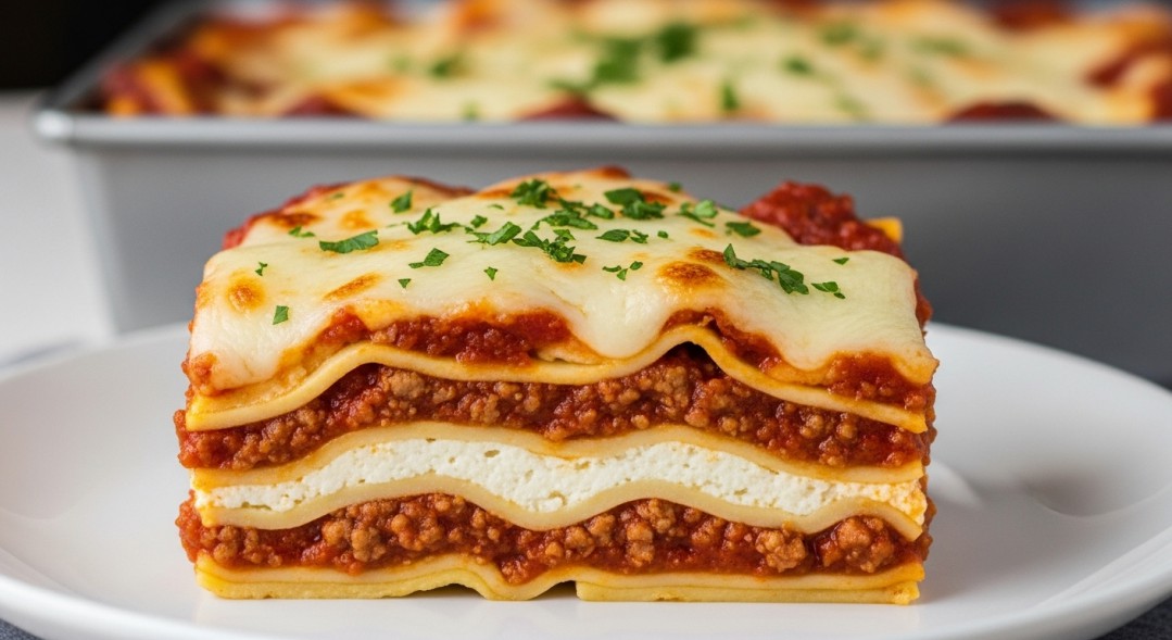 A sliced portion of loaf pan lasagna on a plate