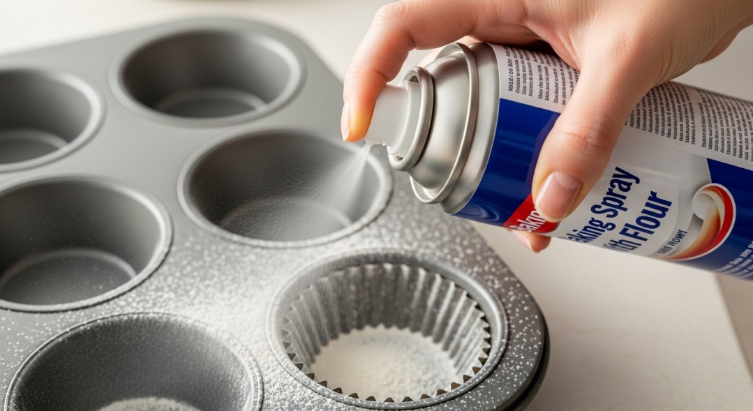 Baking spray coats muffin tin