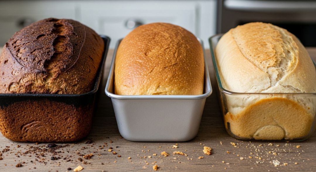 Three loaves baked in different pan materials