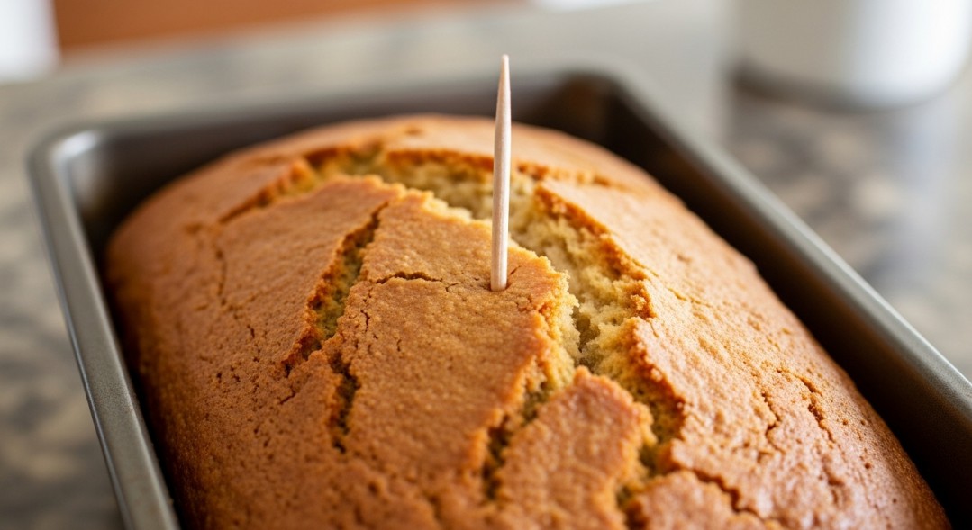 a golden-brown banana bread in a loaf pan