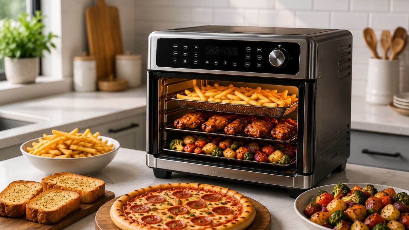 Air fryer toaster oven cooking fries toast pizza and vegetables