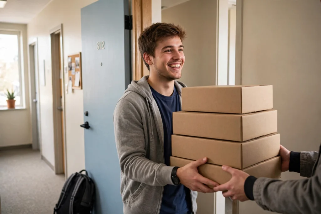 College student receiving Amazon delivery boxes at a dorm room door