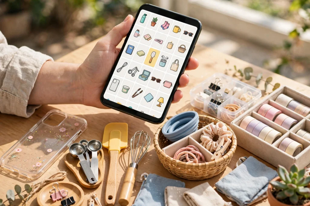 Shopping for budget finds on the Amazon Haul app surrounded by small affordable products
