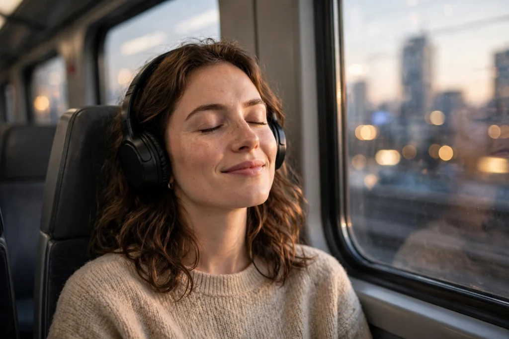 Commuter listening to an audiobook with headphones on a train