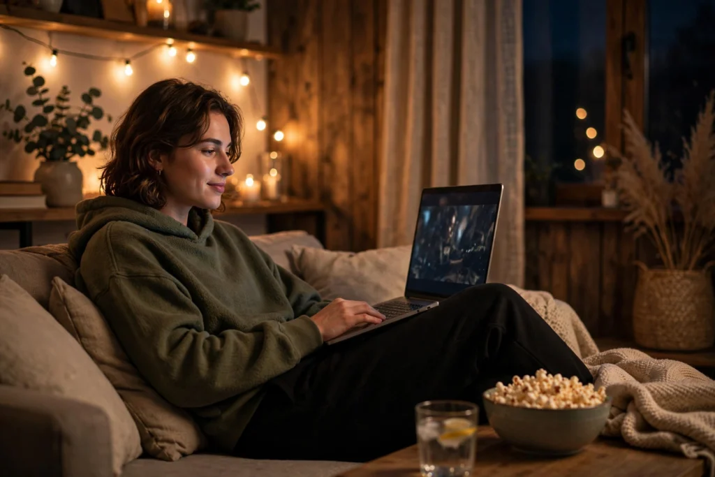 Young adult watching a movie on a laptop during a cozy streaming night