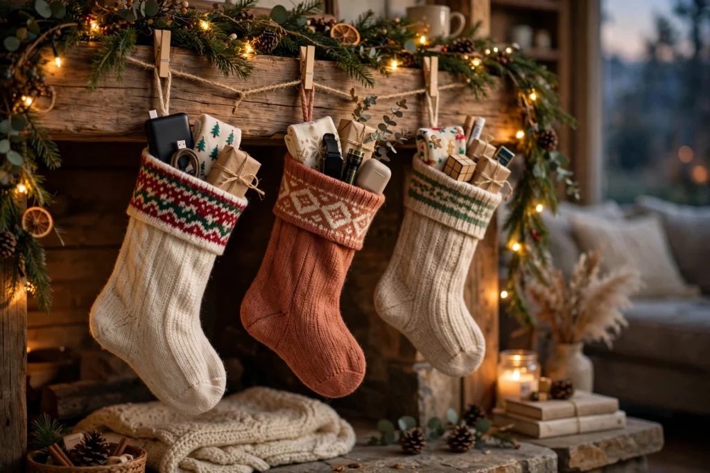 Christmas stockings filled with small gadgets and gifts on a mantel with fairy lights