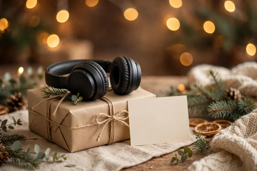 Wrapped gift box with headphones on top, ready to gift with an Audible membership